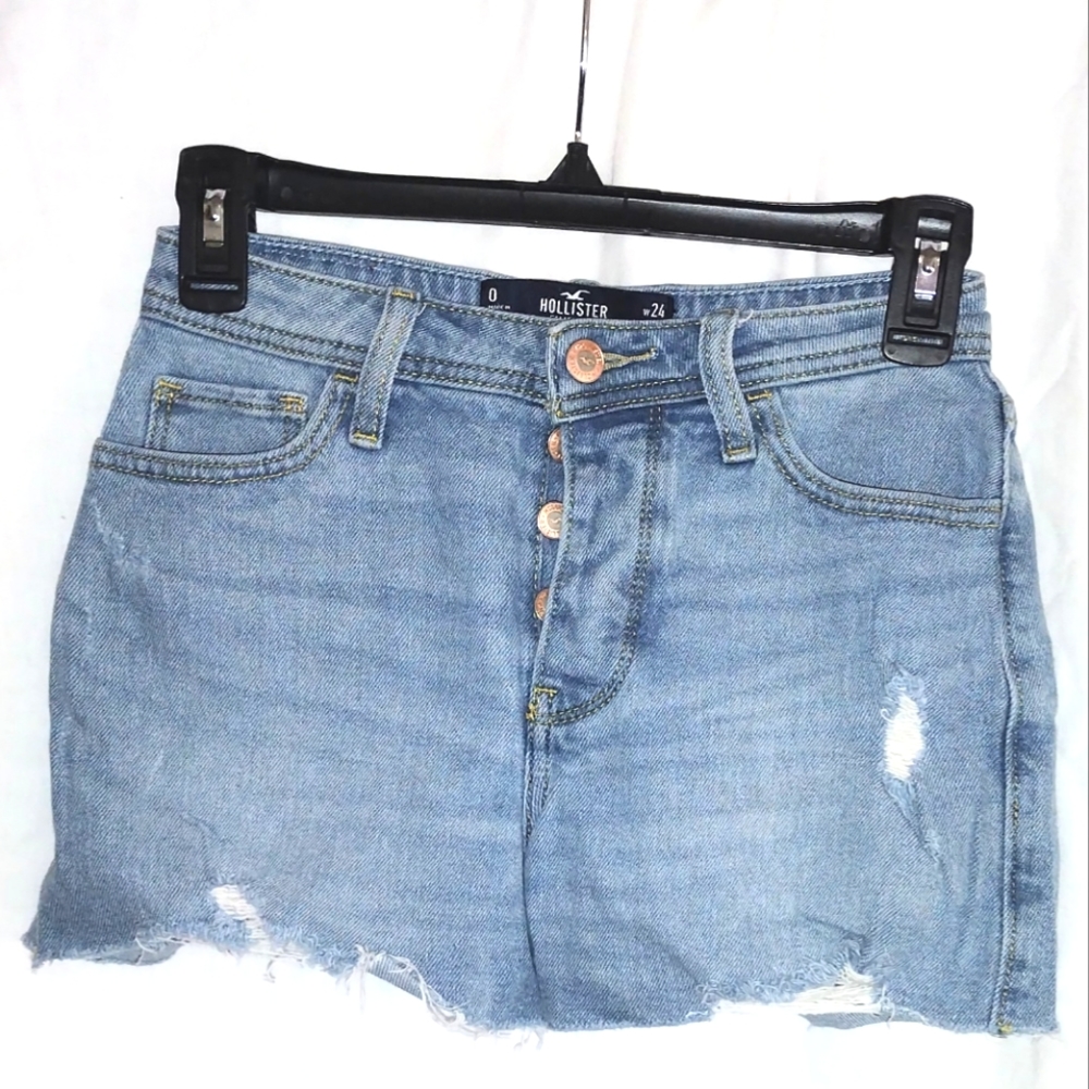 Hollister light wash button fly raw hem jean/denim shorts size 24 waist